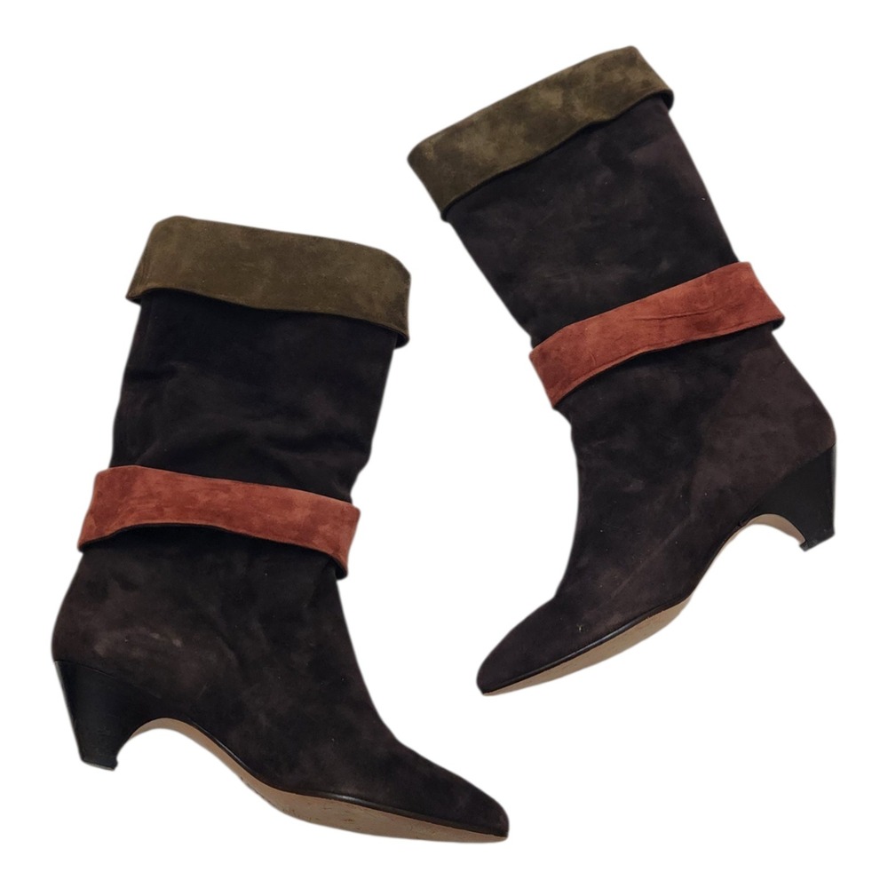 Phyllis Poland Brown Suede Tri-Color Tall Boots Made in‎ Italy 9 B Kitten Heel - Picture 2 of 6